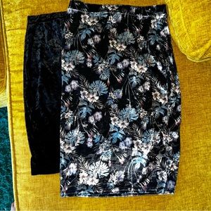 Two Stretch velvet pencil skirts sz small 25” waist like new black blue pattern